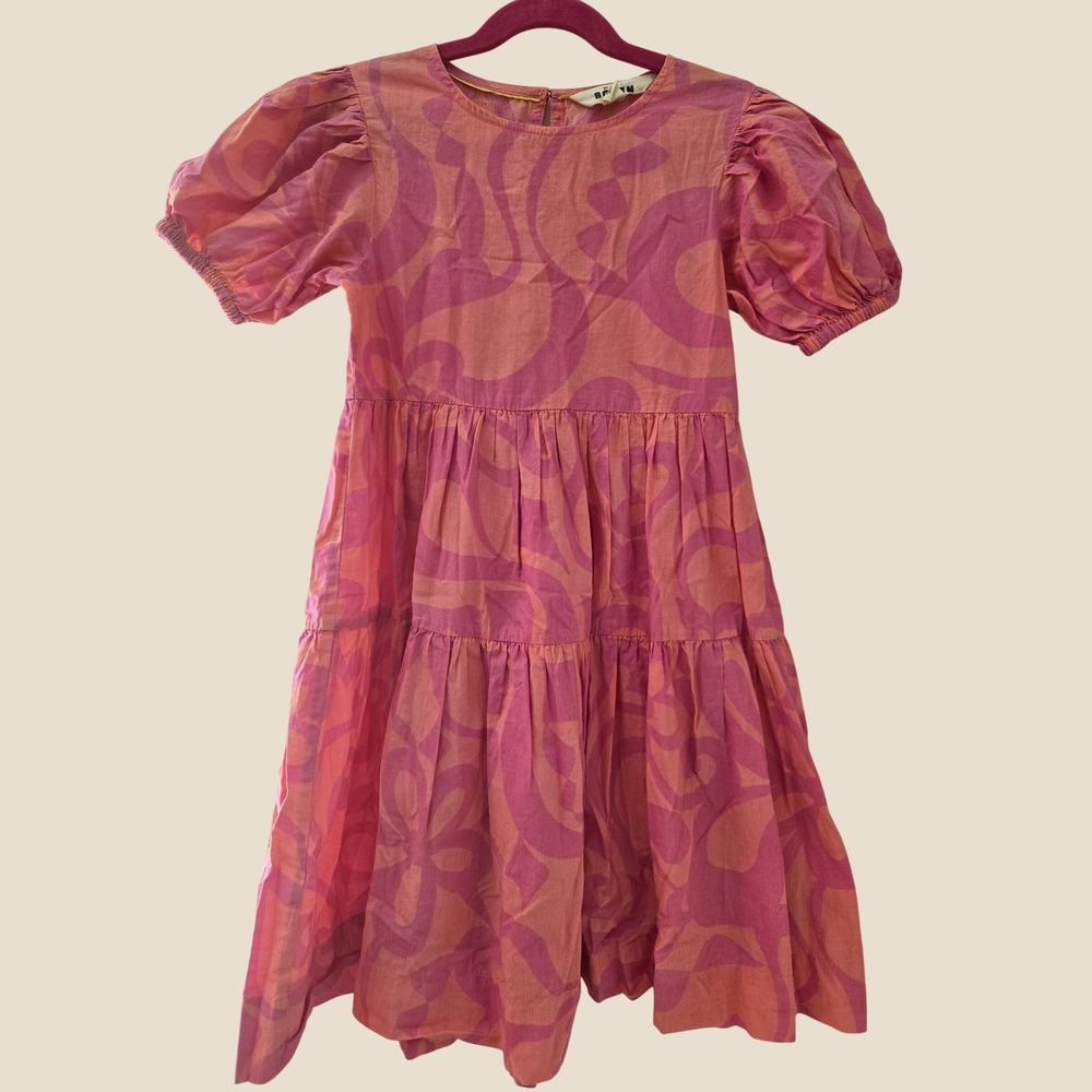 Mini Boden Girls Pink Orange Abstract Tiered Puff Sleeve Cotton Dress 6-7Y G4044